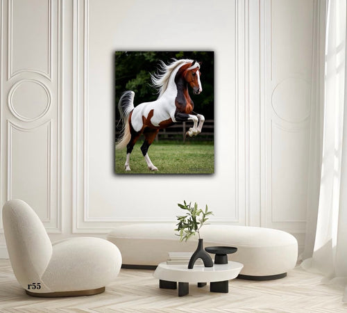 Glass wall art featuring a rearing white and brown horse on a square print